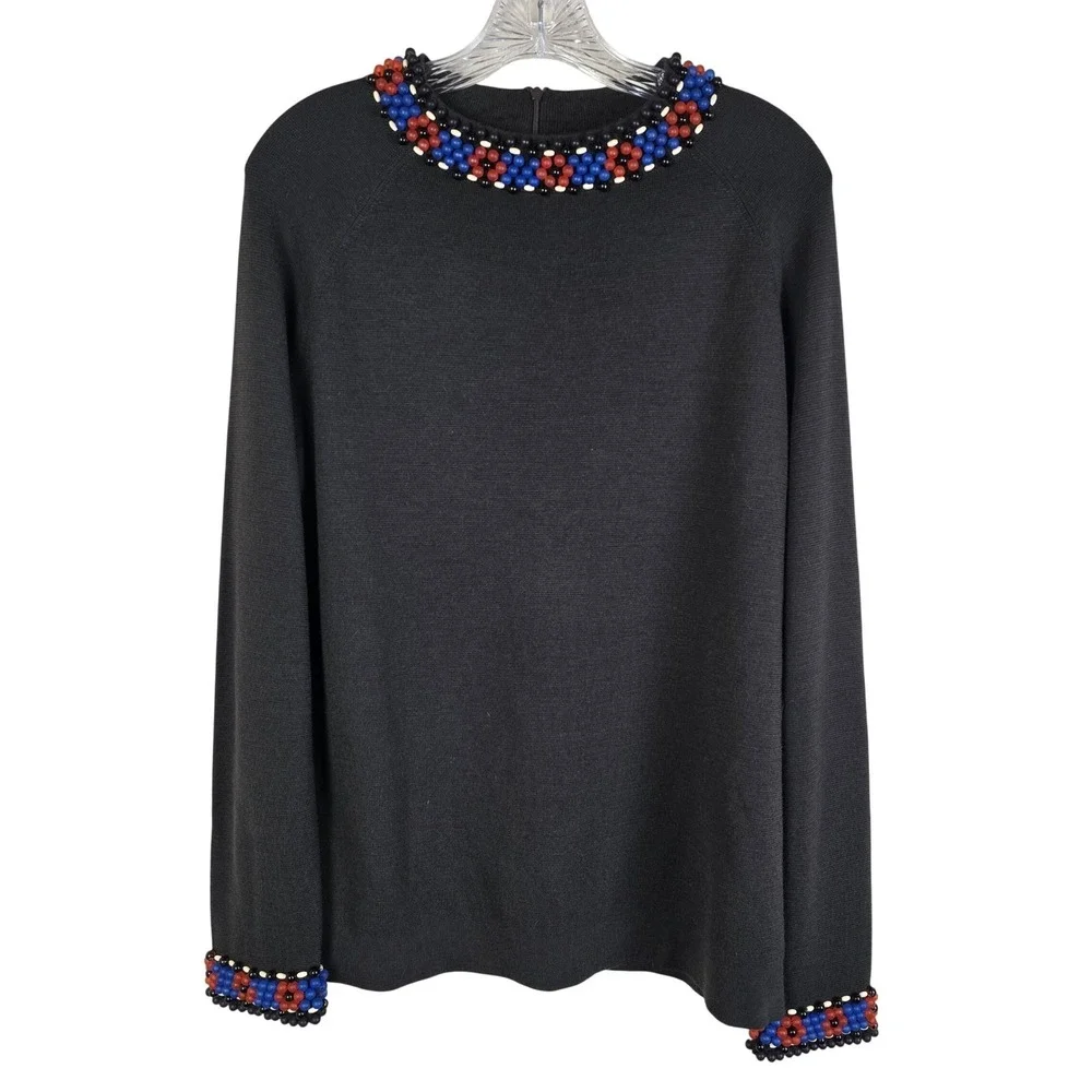 Worth New York 100% Wool Beaded Sweater Large Black Blue Red Floral Neck Cuff L - Picture 1 of 9